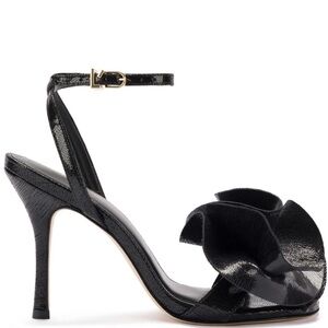 Larroudé Black Rose Heeled Sandals – Elegant High Heel Evening Shoes for Women 8